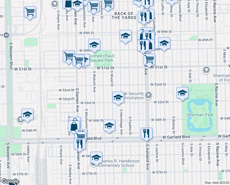 map of restaurants, bars, coffee shops, grocery stores, and more near 5217 South Wood Street in Chicago