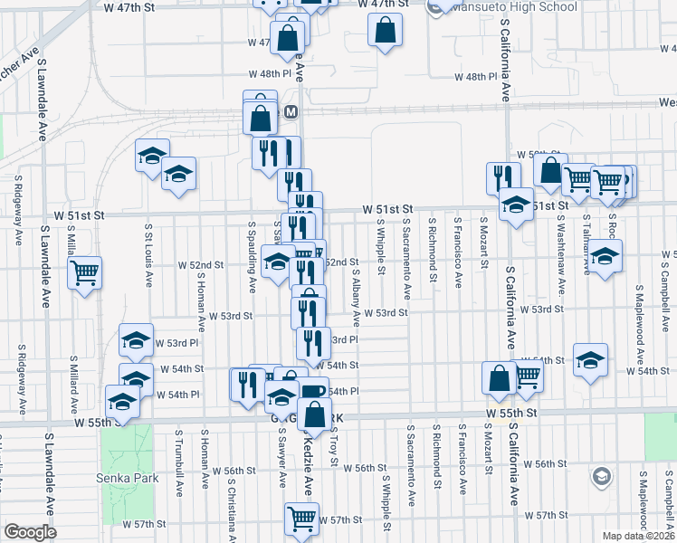 map of restaurants, bars, coffee shops, grocery stores, and more near 5205 South Troy Street in Chicago
