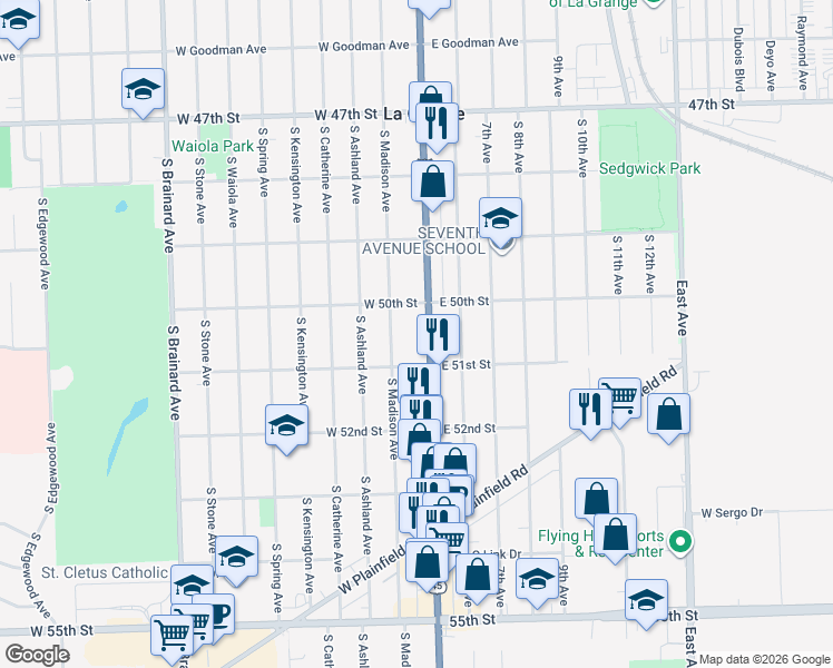 map of restaurants, bars, coffee shops, grocery stores, and more near 815 South Madison Avenue in La Grange