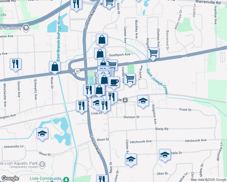 map of restaurants, bars, coffee shops, grocery stores, and more near 4755 Main Street in Lisle