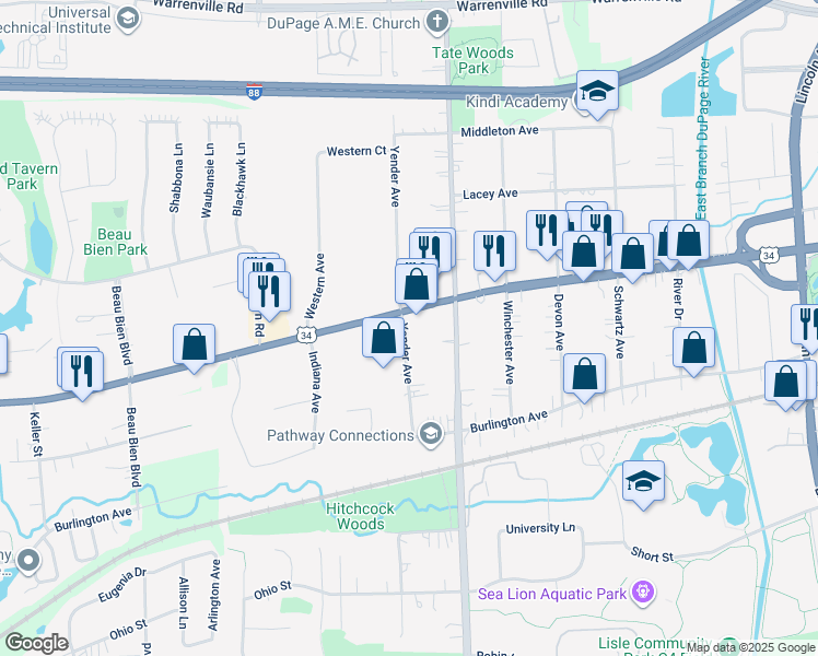 map of restaurants, bars, coffee shops, grocery stores, and more near 2101-2103 Walter Payton Memorial Highway in Lisle