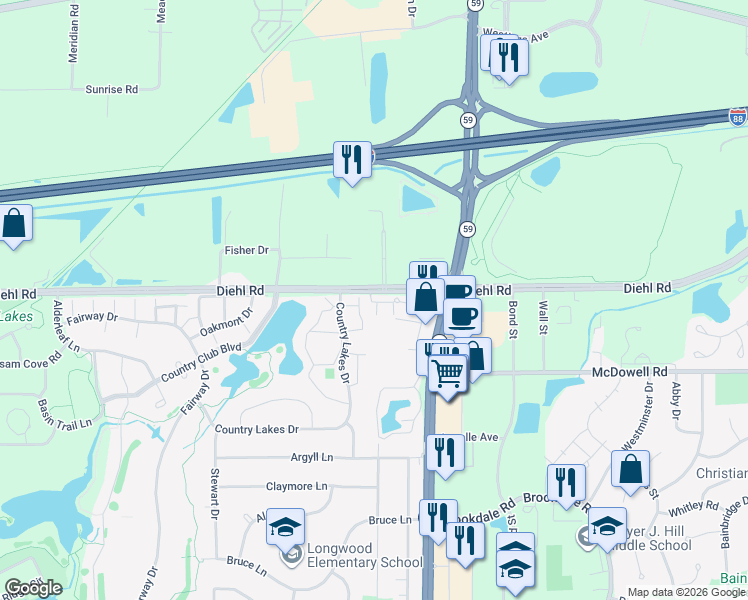 map of restaurants, bars, coffee shops, grocery stores, and more near 2017 West Diehl Road in Naperville