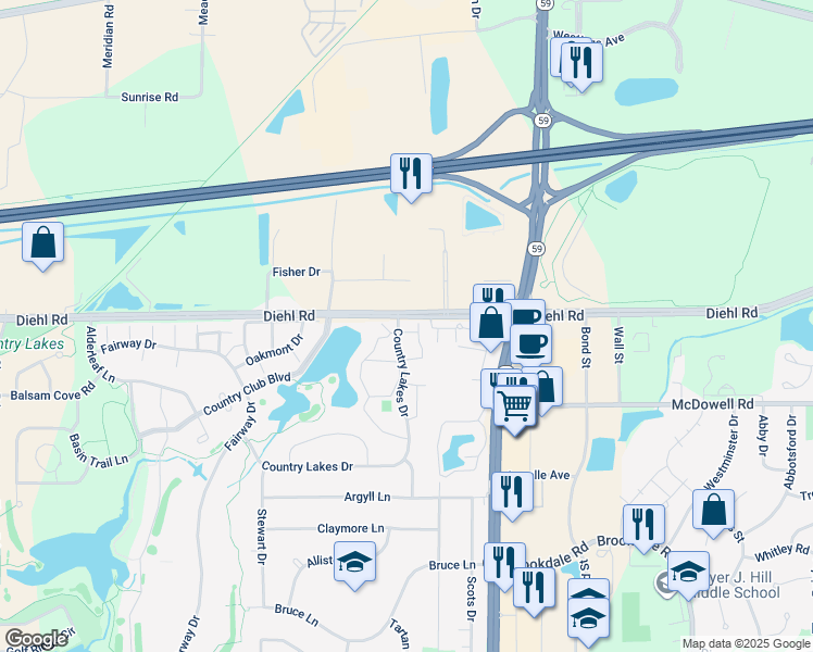 map of restaurants, bars, coffee shops, grocery stores, and more near 1642 Country Lakes Drive in Naperville