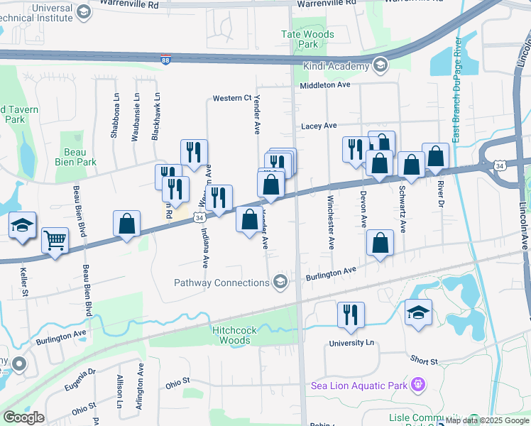map of restaurants, bars, coffee shops, grocery stores, and more near 2101 Walter Payton Memorial Highway in Lisle
