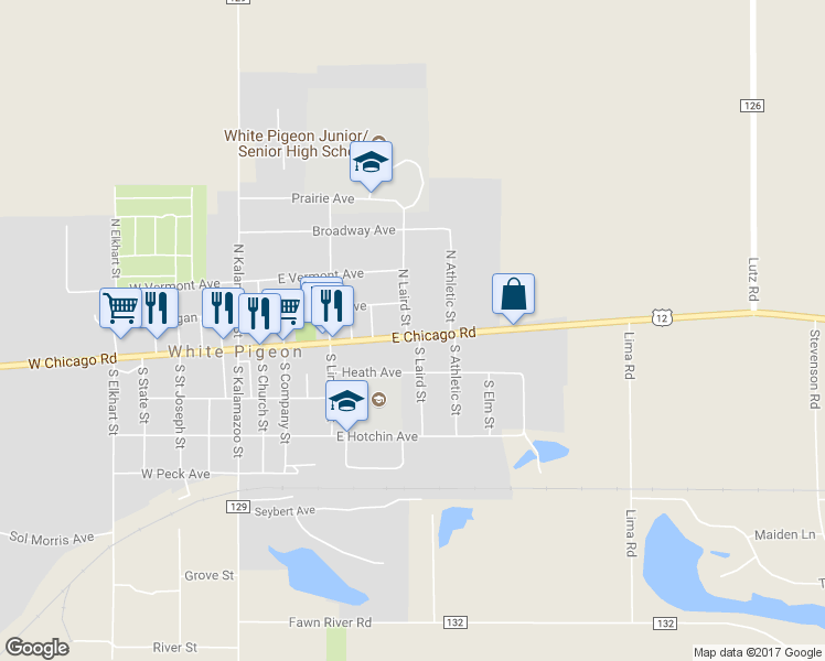 map of restaurants, bars, coffee shops, grocery stores, and more near 501 East Chicago Road in White Pigeon