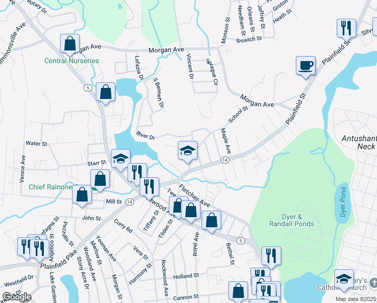 map of restaurants, bars, coffee shops, grocery stores, and more near 61 Vanner Street in Johnston