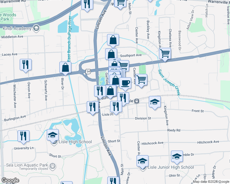map of restaurants, bars, coffee shops, grocery stores, and more near 4754 Main Street in Lisle