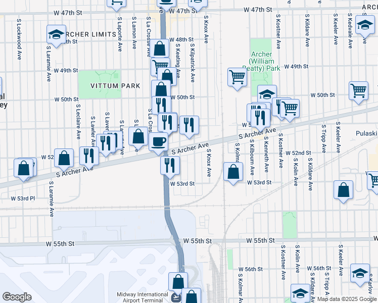 map of restaurants, bars, coffee shops, grocery stores, and more near 5331 South Archer Avenue in Chicago