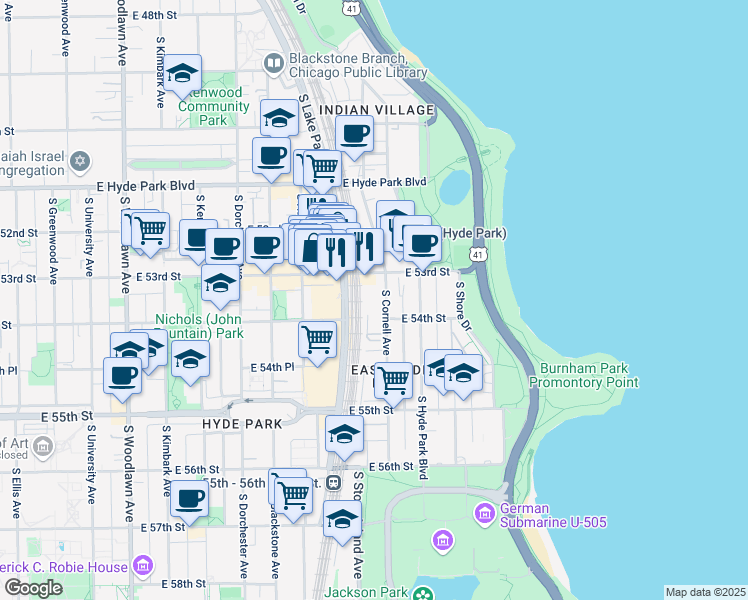 map of restaurants, bars, coffee shops, grocery stores, and more near 1601 East 53rd Street in Chicago