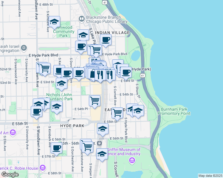 map of restaurants, bars, coffee shops, grocery stores, and more near 1601 East 53rd Street in Chicago