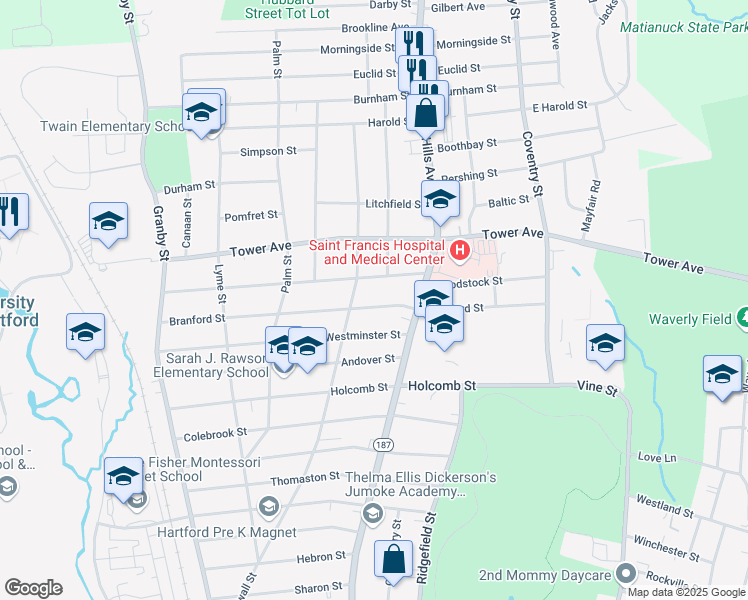 map of restaurants, bars, coffee shops, grocery stores, and more near 140 Branford Street in Hartford