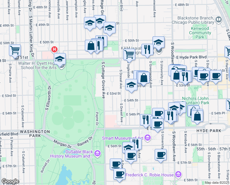 map of restaurants, bars, coffee shops, grocery stores, and more near 842 East 53rd Street in Chicago