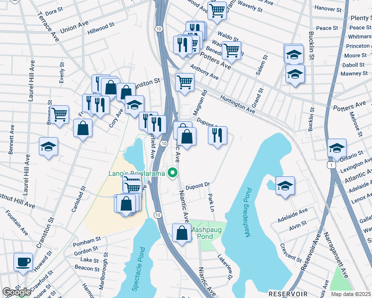 map of restaurants, bars, coffee shops, grocery stores, and more near 150 Niantic Avenue in Providence
