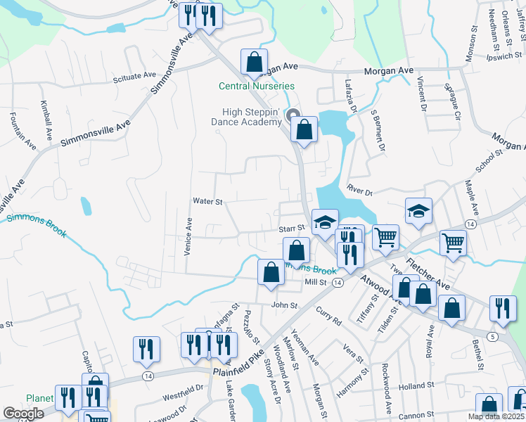 map of restaurants, bars, coffee shops, grocery stores, and more near 17 Starr Street in Johnston