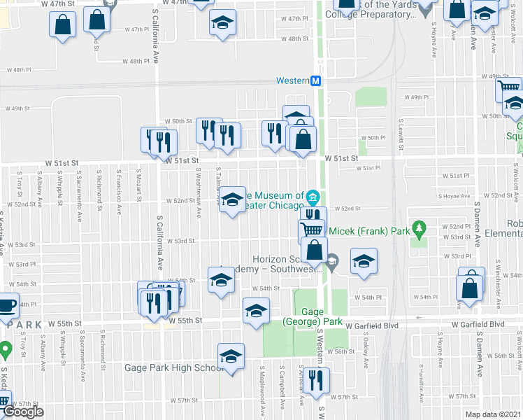 map of restaurants, bars, coffee shops, grocery stores, and more near 5215 S Maplewood Ave in Chicago