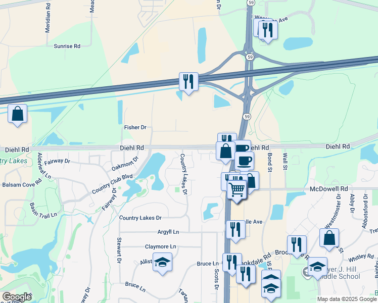 map of restaurants, bars, coffee shops, grocery stores, and more near 1642 Country Lakes Drive in Naperville