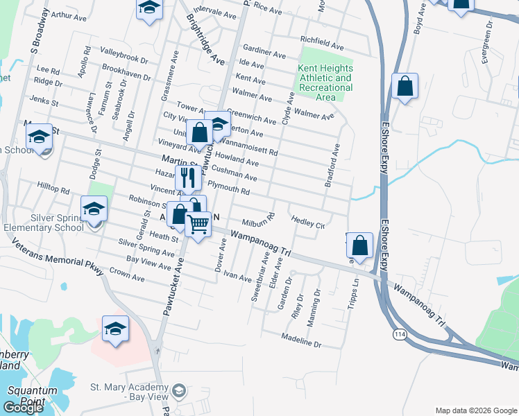 map of restaurants, bars, coffee shops, grocery stores, and more near 22 Commack Road in East Providence