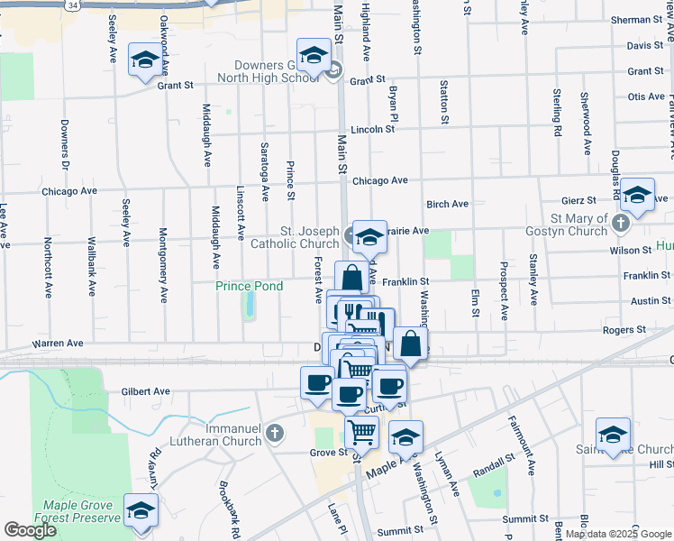 map of restaurants, bars, coffee shops, grocery stores, and more near 4832 Main Street in Downers Grove