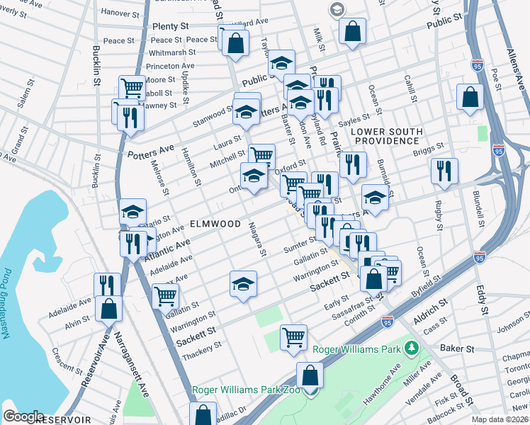 map of restaurants, bars, coffee shops, grocery stores, and more near 47 Atlantic Avenue in Providence