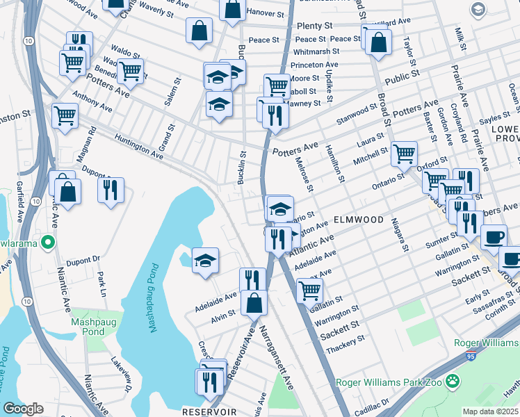 map of restaurants, bars, coffee shops, grocery stores, and more near 14 Redwing Street in Providence