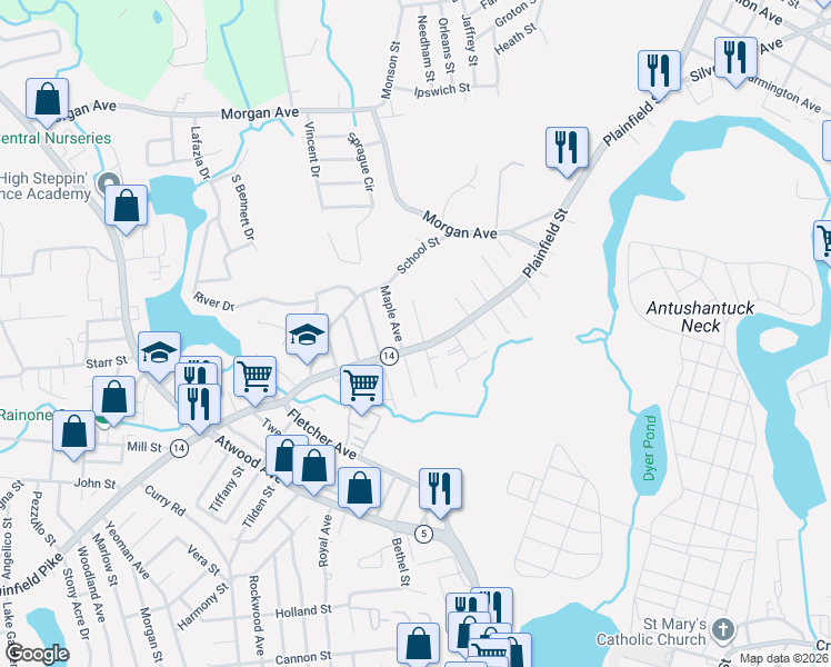 map of restaurants, bars, coffee shops, grocery stores, and more near 96 Walnut Street in Johnston