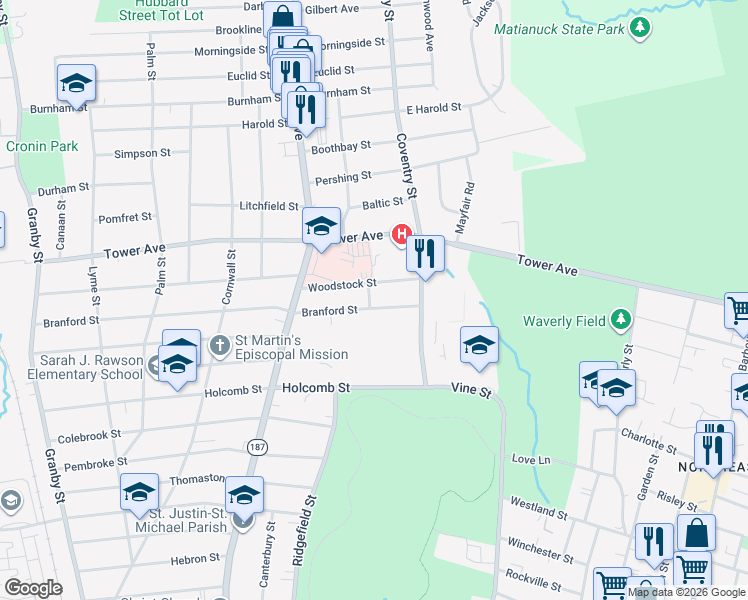 map of restaurants, bars, coffee shops, grocery stores, and more near 27 Woodstock Street in Hartford