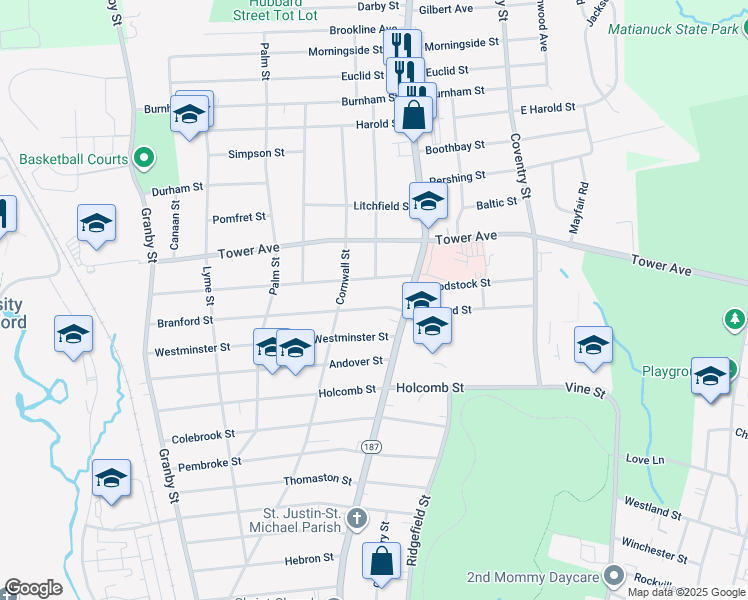 map of restaurants, bars, coffee shops, grocery stores, and more near 140 Branford Street in Hartford