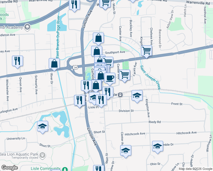 map of restaurants, bars, coffee shops, grocery stores, and more near 4755 Main Street in Lisle