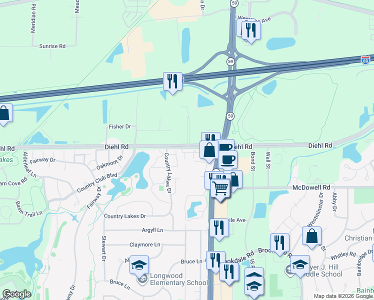 map of restaurants, bars, coffee shops, grocery stores, and more near 2017 West Diehl Road in Naperville