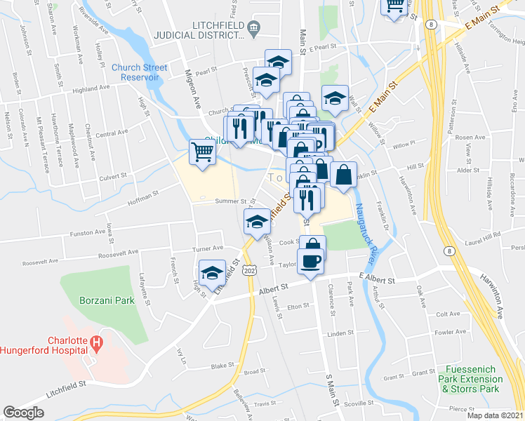 map of restaurants, bars, coffee shops, grocery stores, and more near 21 Summer Street in Torrington