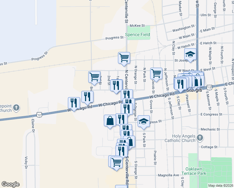 map of restaurants, bars, coffee shops, grocery stores, and more near 118 North Centerville Street in Sturgis