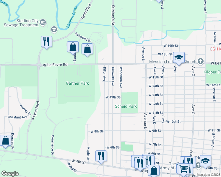 map of restaurants, bars, coffee shops, grocery stores, and more near 1404 Dillon Avenue in Sterling