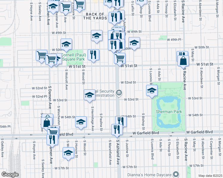 map of restaurants, bars, coffee shops, grocery stores, and more near 5210 South Marshfield Avenue in Chicago