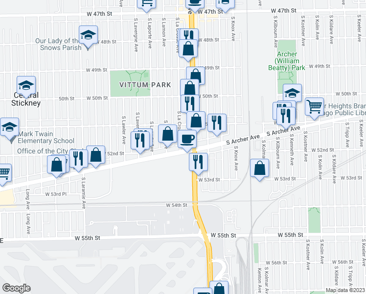 map of restaurants, bars, coffee shops, grocery stores, and more near 5420 South Archer Avenue in Chicago