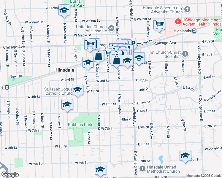 map of restaurants, bars, coffee shops, grocery stores, and more near 323 South Lincoln Street in Hinsdale