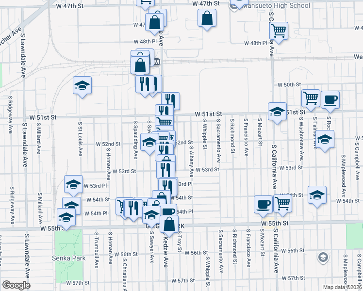 map of restaurants, bars, coffee shops, grocery stores, and more near 5205 South Troy Street in Chicago