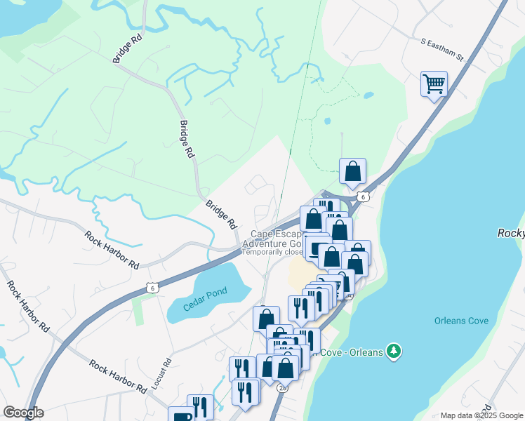 map of restaurants, bars, coffee shops, grocery stores, and more near 237 Rock Harbor Road in Orleans