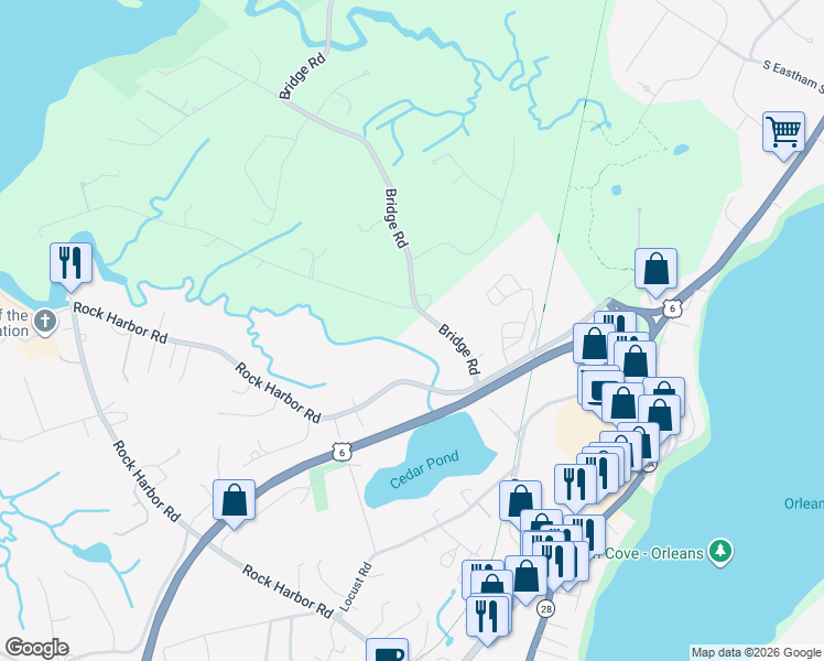 map of restaurants, bars, coffee shops, grocery stores, and more near 21 Dyer Prince Road in Eastham