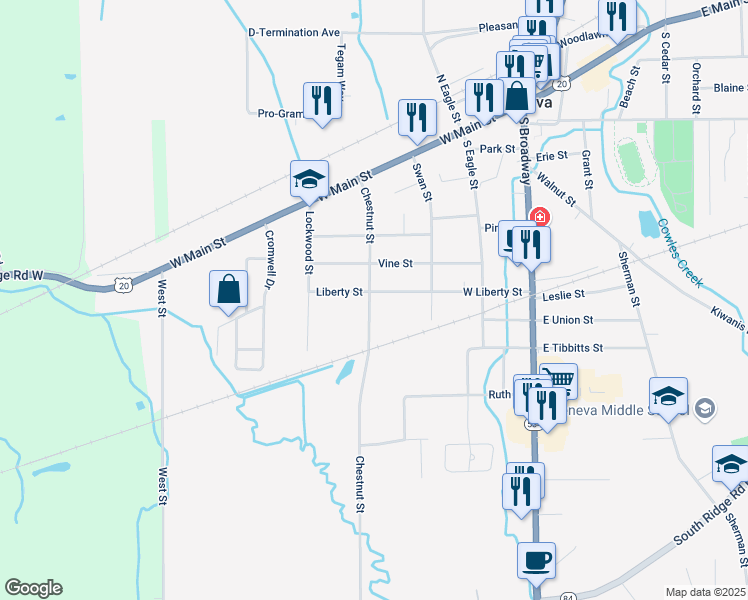 map of restaurants, bars, coffee shops, grocery stores, and more near 342 West Liberty Street in Geneva