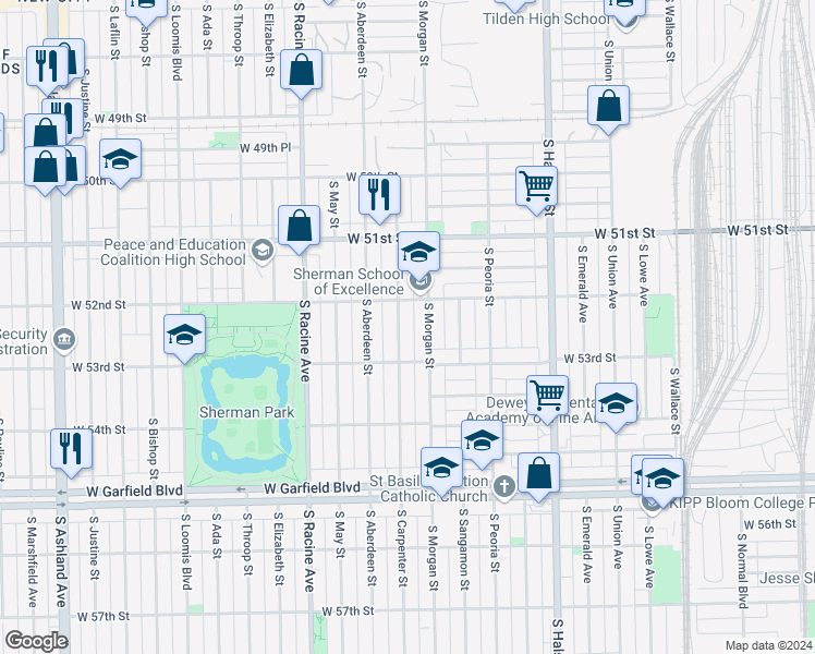 map of restaurants, bars, coffee shops, grocery stores, and more near 5217 South Carpenter Street in Chicago