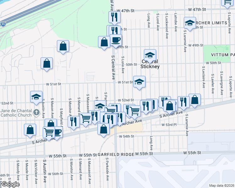map of restaurants, bars, coffee shops, grocery stores, and more near 5133 South Central Avenue in Chicago