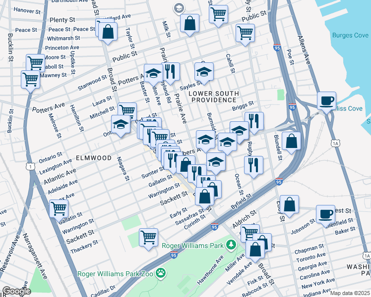 map of restaurants, bars, coffee shops, grocery stores, and more near 545 Prairie Avenue in Providence