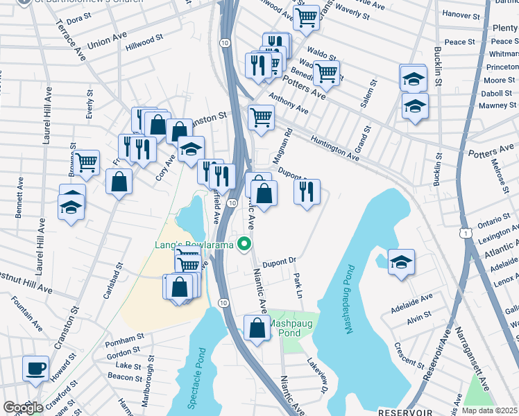 map of restaurants, bars, coffee shops, grocery stores, and more near 150 Niantic Avenue in Providence