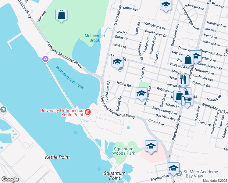 map of restaurants, bars, coffee shops, grocery stores, and more near 31 Colonial Rd in East Providence