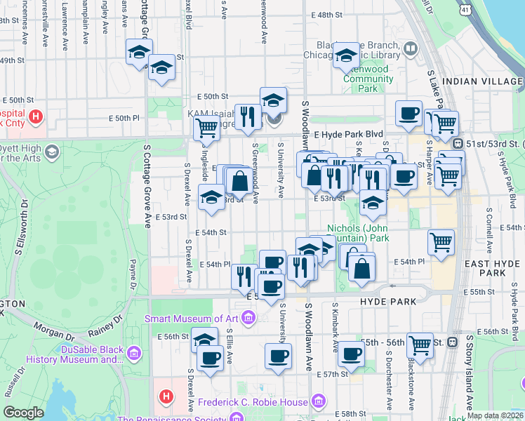 map of restaurants, bars, coffee shops, grocery stores, and more near 5315 South Greenwood Avenue in Chicago