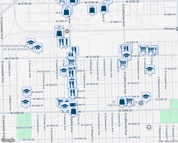 map of restaurants, bars, coffee shops, grocery stores, and more near 5200 South Albany Avenue in Chicago