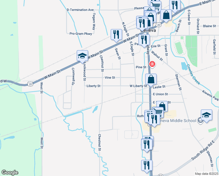 map of restaurants, bars, coffee shops, grocery stores, and more near 342 West Liberty Street in Geneva