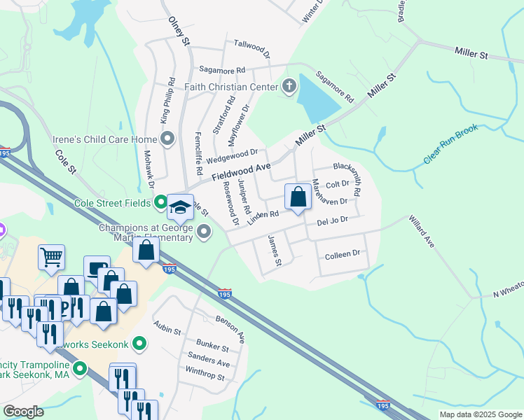 map of restaurants, bars, coffee shops, grocery stores, and more near 50 Linden Road in Seekonk