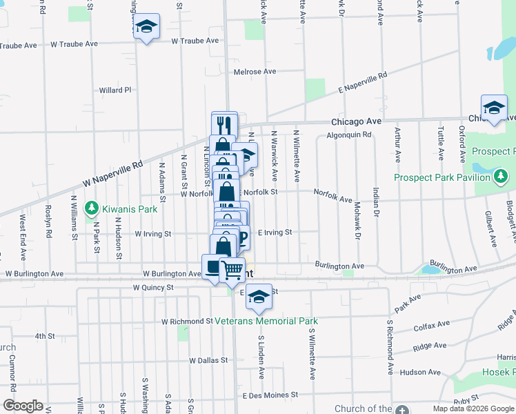 map of restaurants, bars, coffee shops, grocery stores, and more near 127 North Linden Avenue in Westmont