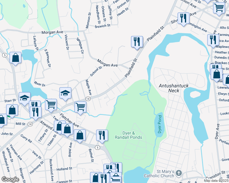map of restaurants, bars, coffee shops, grocery stores, and more near 2 Hemlock Drive in Johnston